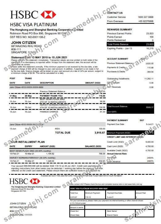 Hong Kong HSBC bank Visa Platinum credit card statement template in .xls and .pdf file format